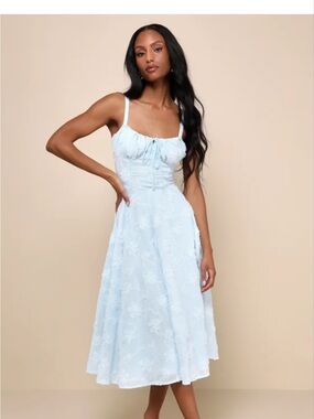Darling Confidence Light Blue Rosette Bustier Lace-Up Midi Dress
Lulus